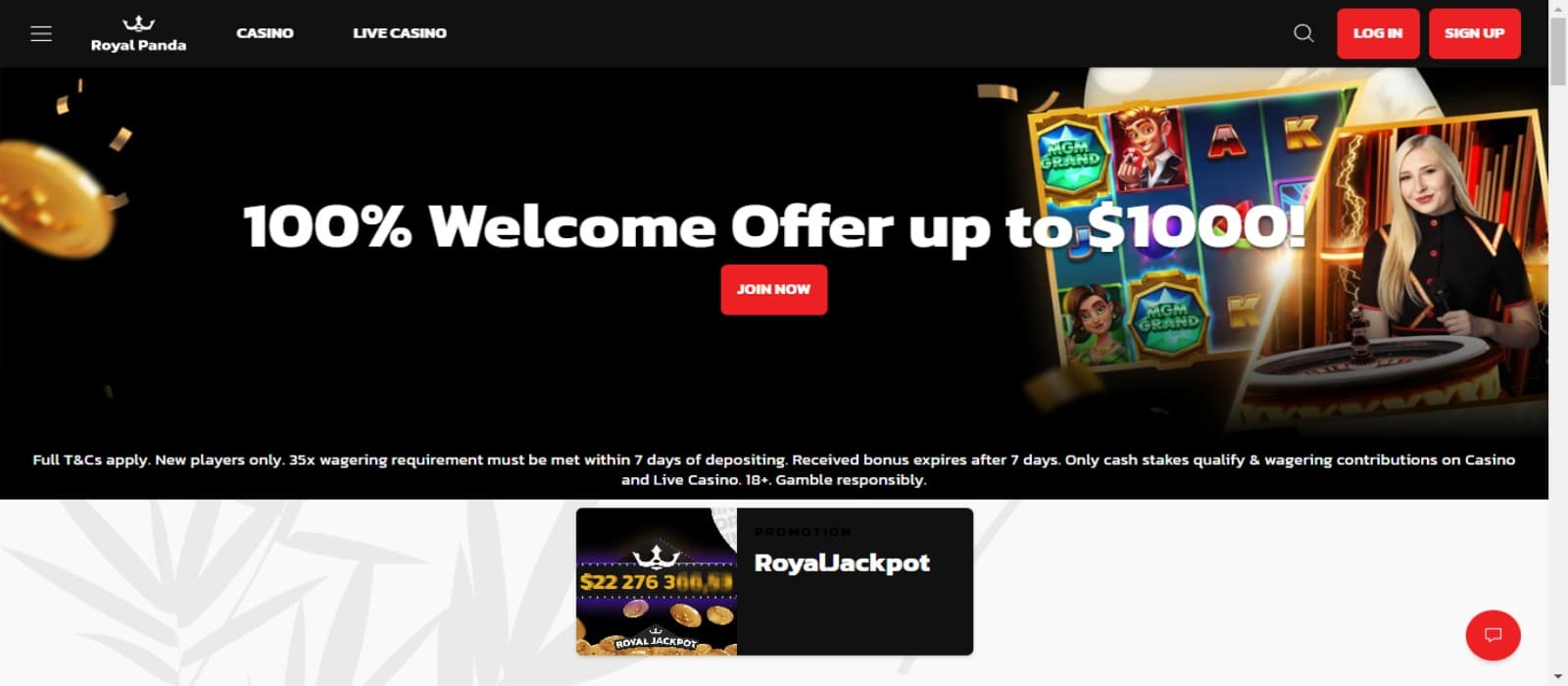 RoyalPanda Casino landing page with the welcome bonus offer and top navigational menus