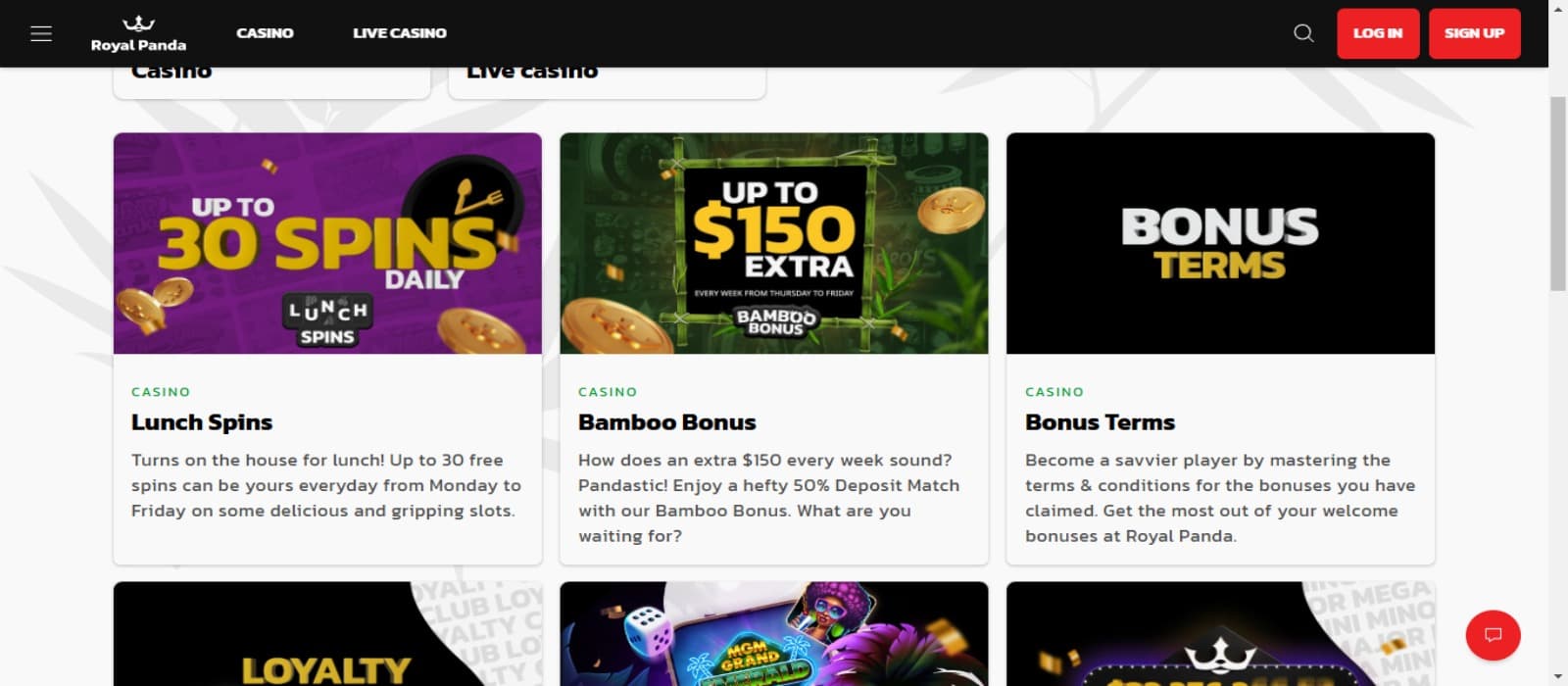 RoyalPanda Casino promotions page with the bonus offer banners and top navigational menus