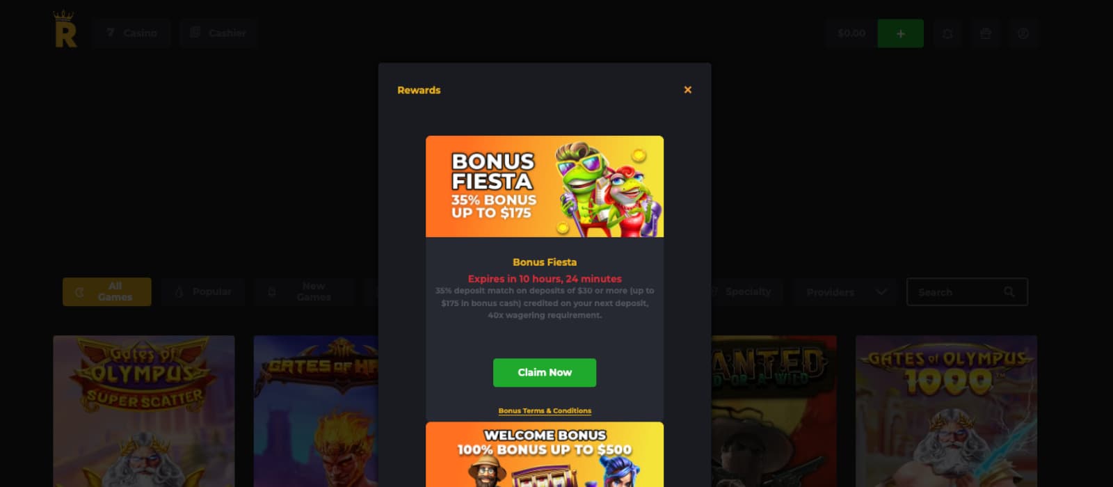Royal Reels Casino homepage showing the main welcome bonus banner, featuring a $10 no-deposit offer and game thumbnails for popular slots. The layout includes a sidebar menu and top navigation bar.