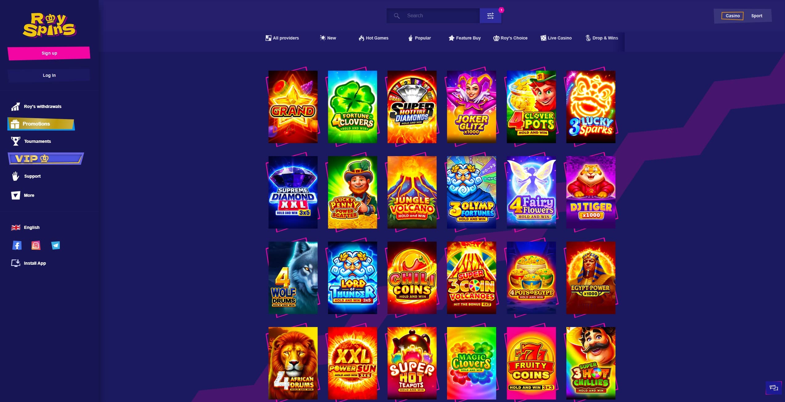 RoySpins Games Page showing a selection of slot games