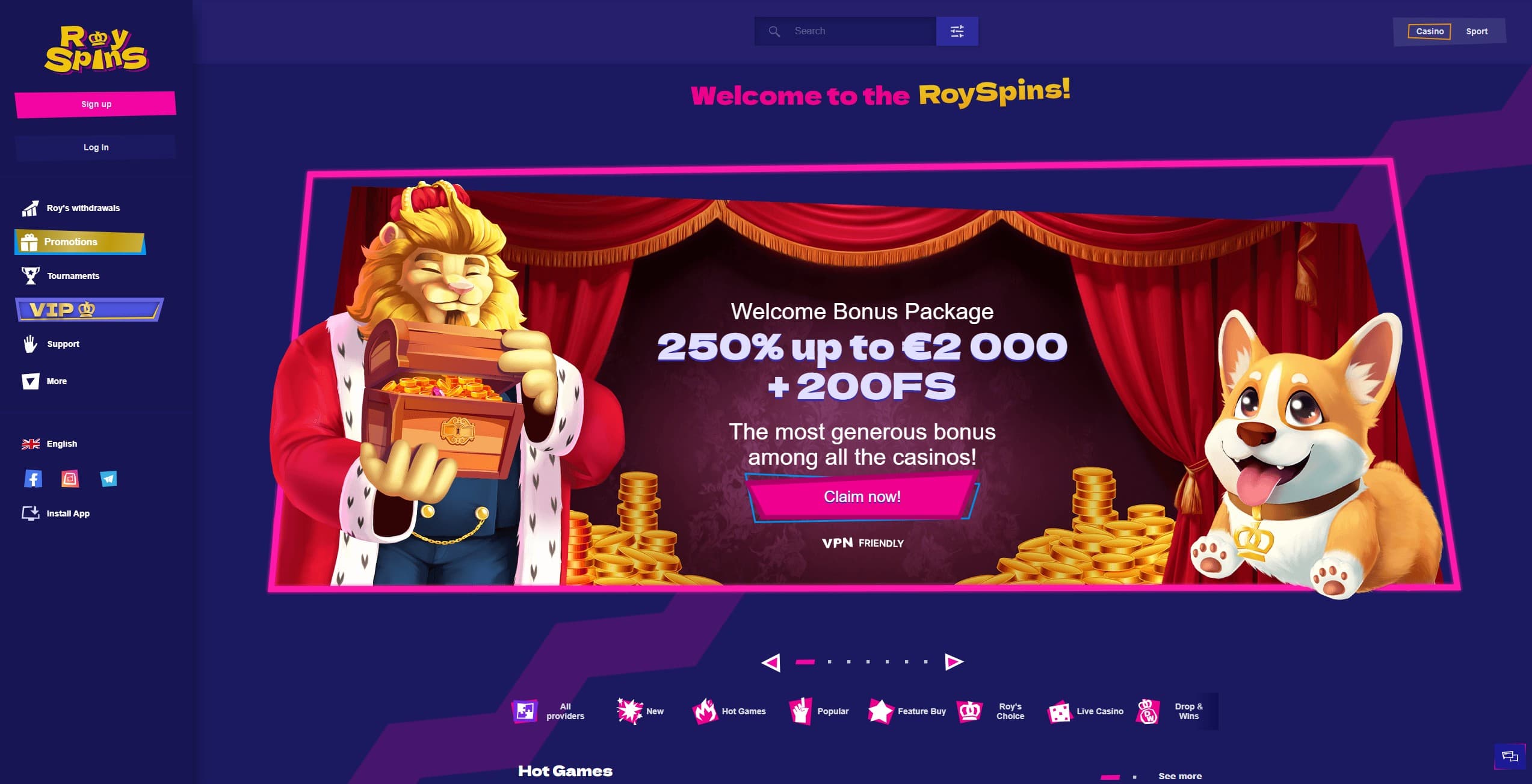 RoySpins Landing Page showning the main menu and welcome offer