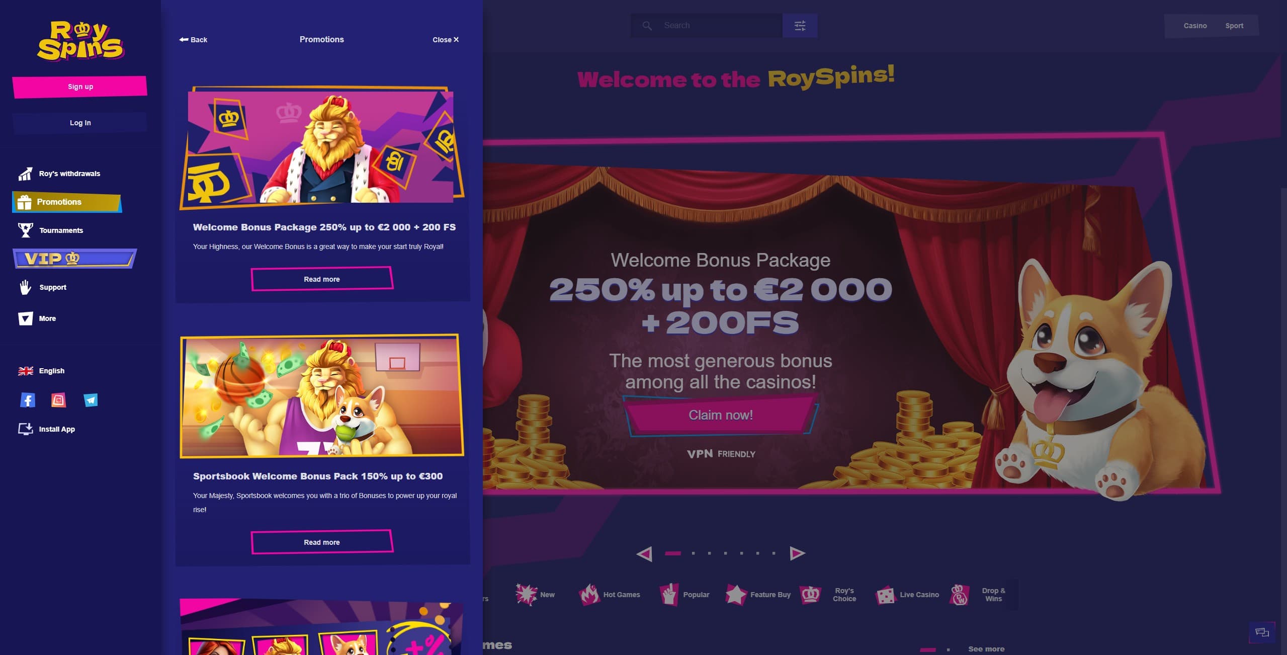 RoySpins Promotions Page showing the available promotions and parts of the landing page