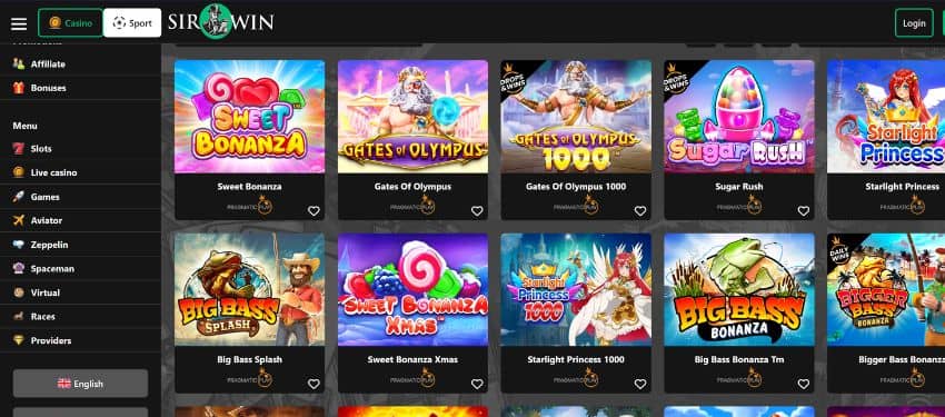 Sirwin casino slot games category showing thumbnail of sweet bonanza, big bass splash and other titles