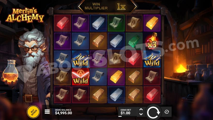 A red potion bottle with a 3X multiplier can be seen at the sixth reel.
