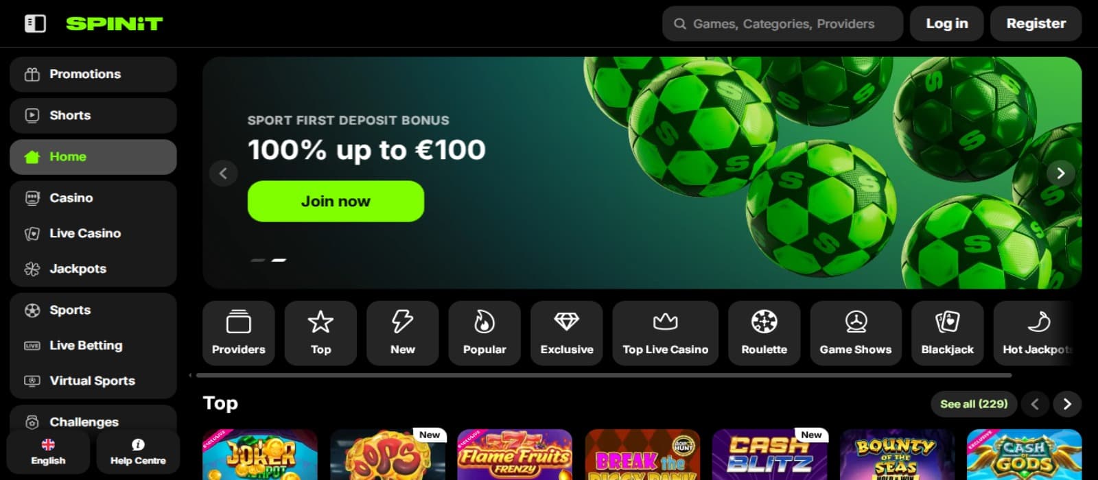 Spinit Casino landing page with the welcome bonus offer banner, game categories and side navigation menus