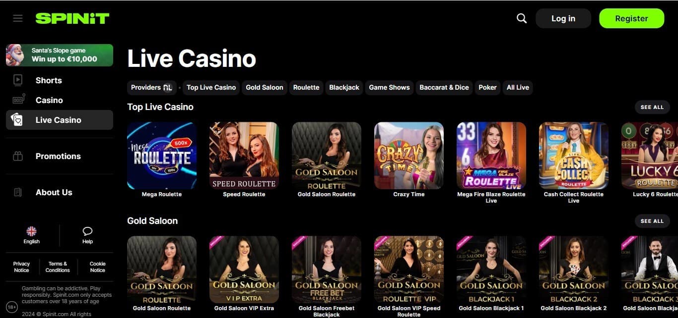 SPINiT Casino live games section, showing variations of roulette and blackjack.