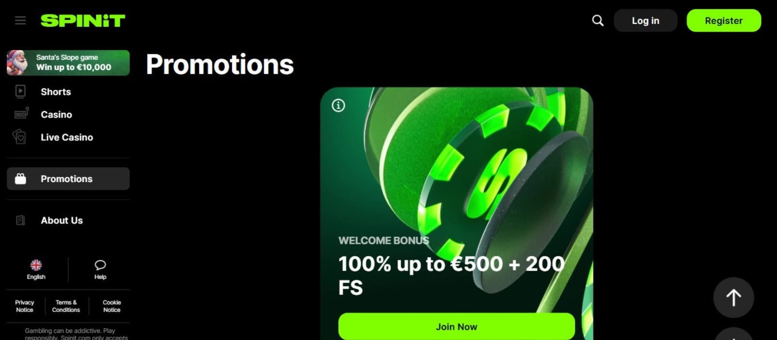 SPINiT Casino promotions page, showing the welcome bonus and the sidebar menu.
