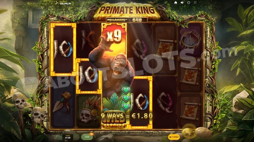 Wild Primate feature being active with a fully expanded 9X wild symbol on the third reel.