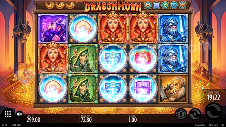 An image of the Free Spins view, taking place in a dragon cave full of gold