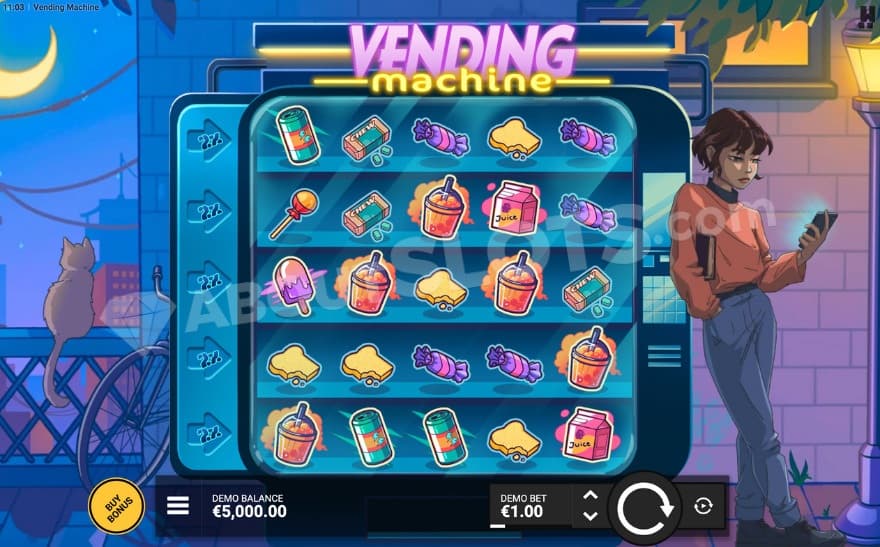 Base game where you can see a girl to the right of the vending machine.