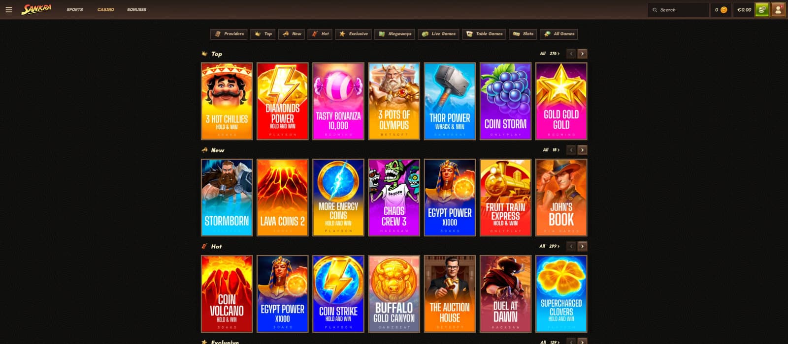 Sankra Casino games page showing slot categories, provider filters, and featured casino games.