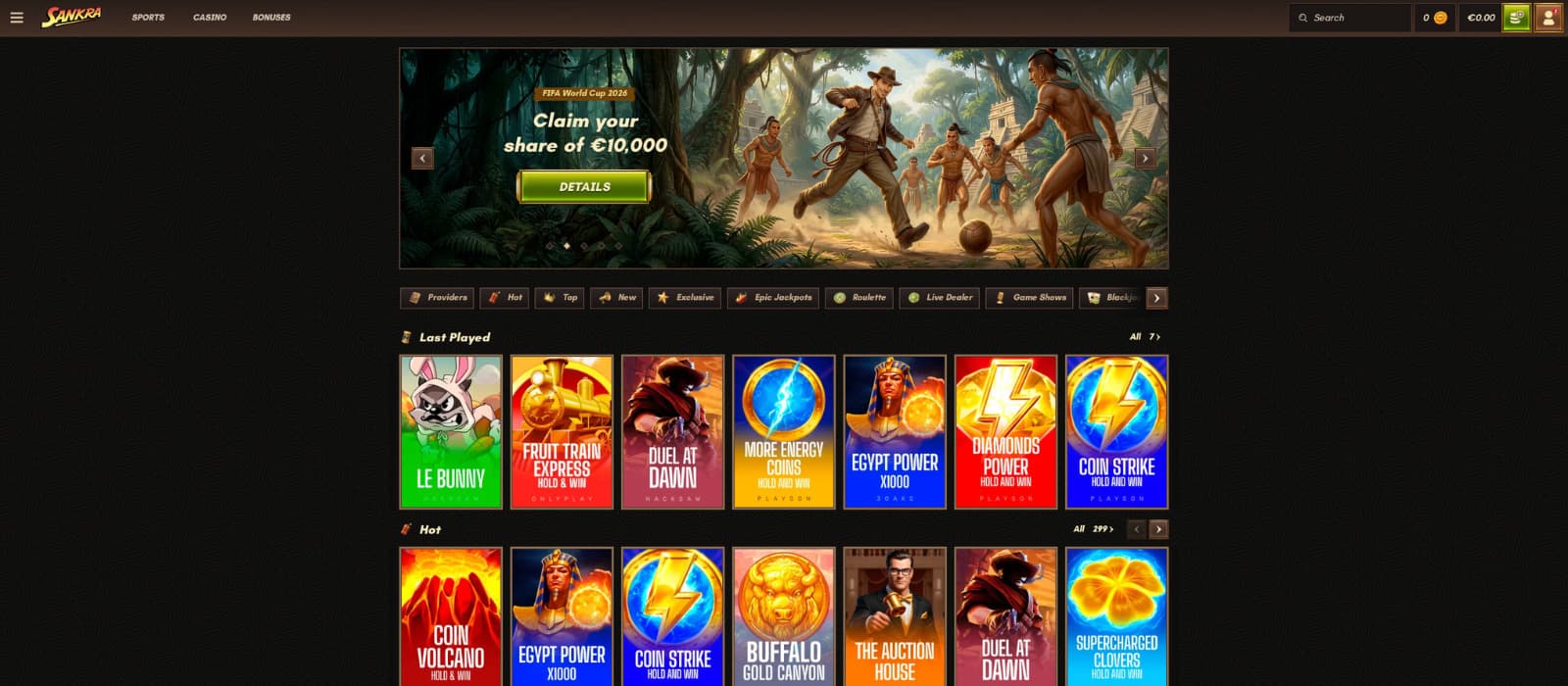 Sankra Casino landing page showing the homepage banner, featured game categories, and slot game lobby.