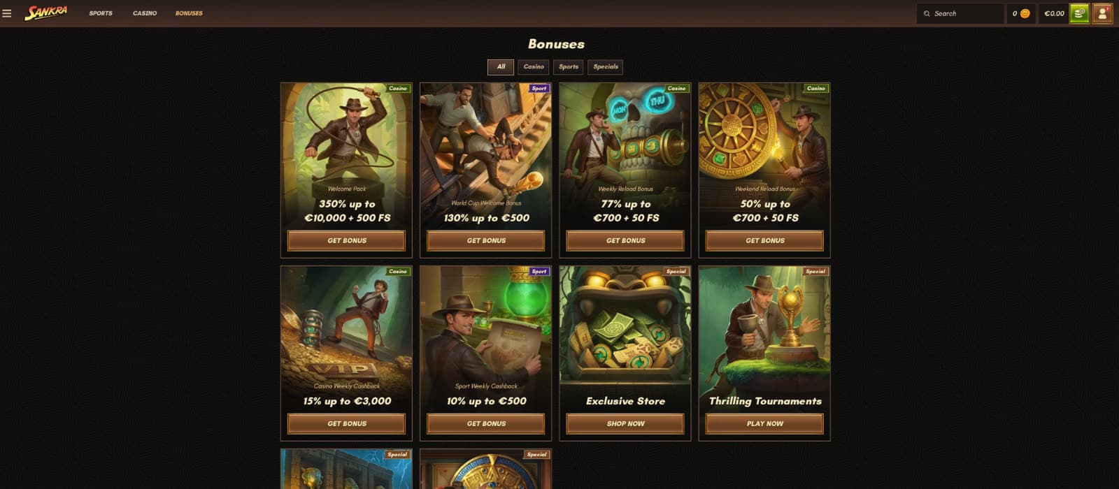 Sankra Casino promotions page displaying the welcome bonus, weekly cashback, weekend reload bonus, and other promotional offers.