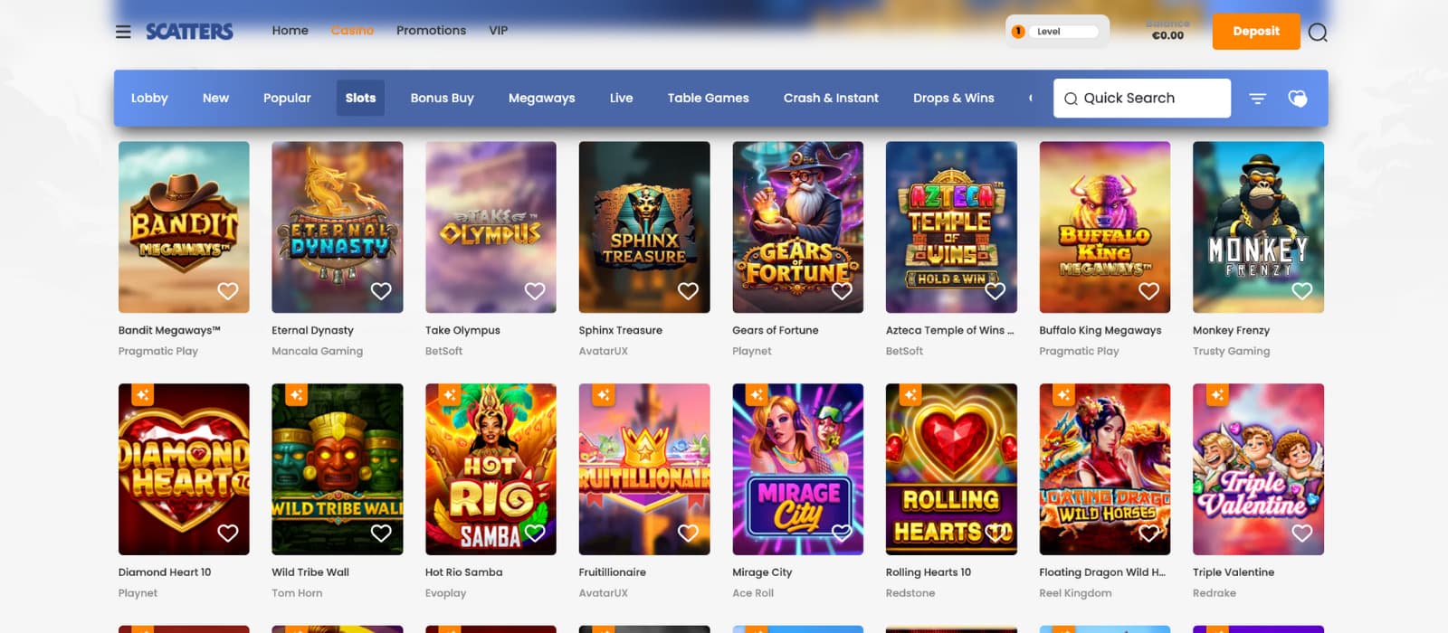 Scatters Casino's games page displays multiple gaming categories, including slots, live casino, table games, and more. It also has different game banners such as Bandit Megaways, Gears of Fortune ,and Temple of Wins