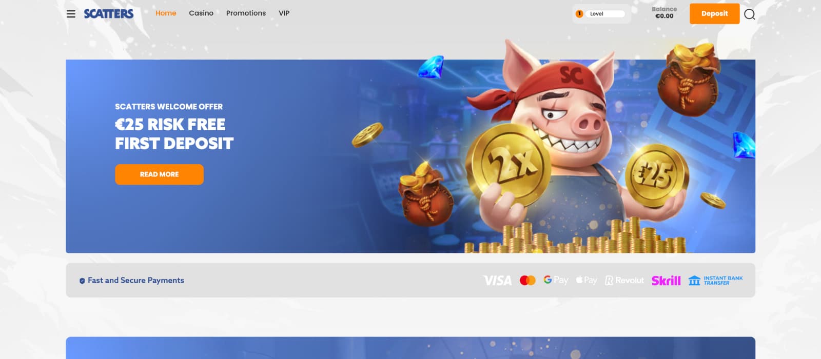 Scatters Casino landing page with a banner displaying a risk-free welcome bonus on first deposit up to €25.