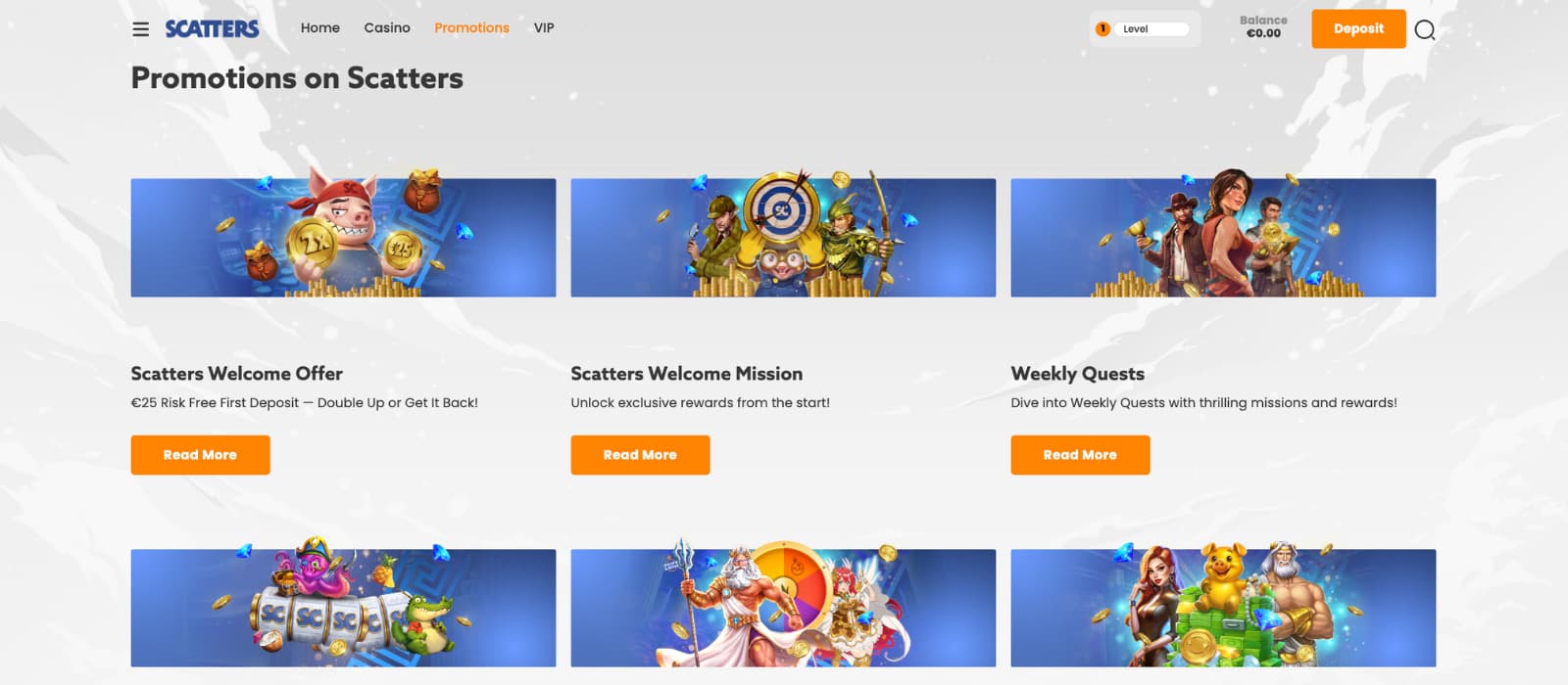 Scatters Casino promotions page highlighting different promotions, including the Scatters welcome offer, Scatters welcome mission, Weekly Quest, and other perks.