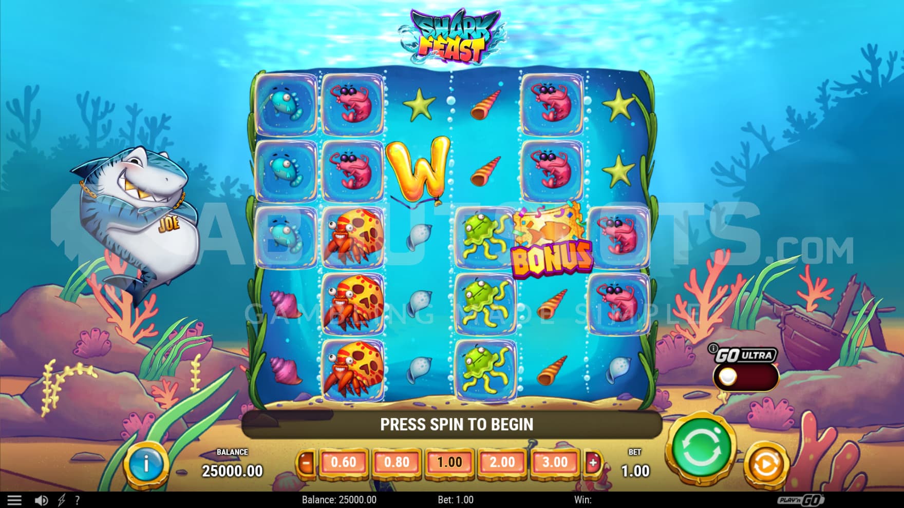 Jawsome Joe sits to the left of the playing grid as you spin away