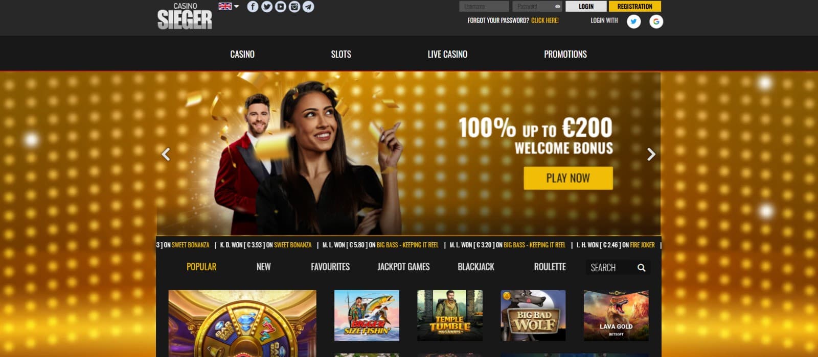 The landing page of Sieger Casino presents the welcome bonus of up to 200 euros.