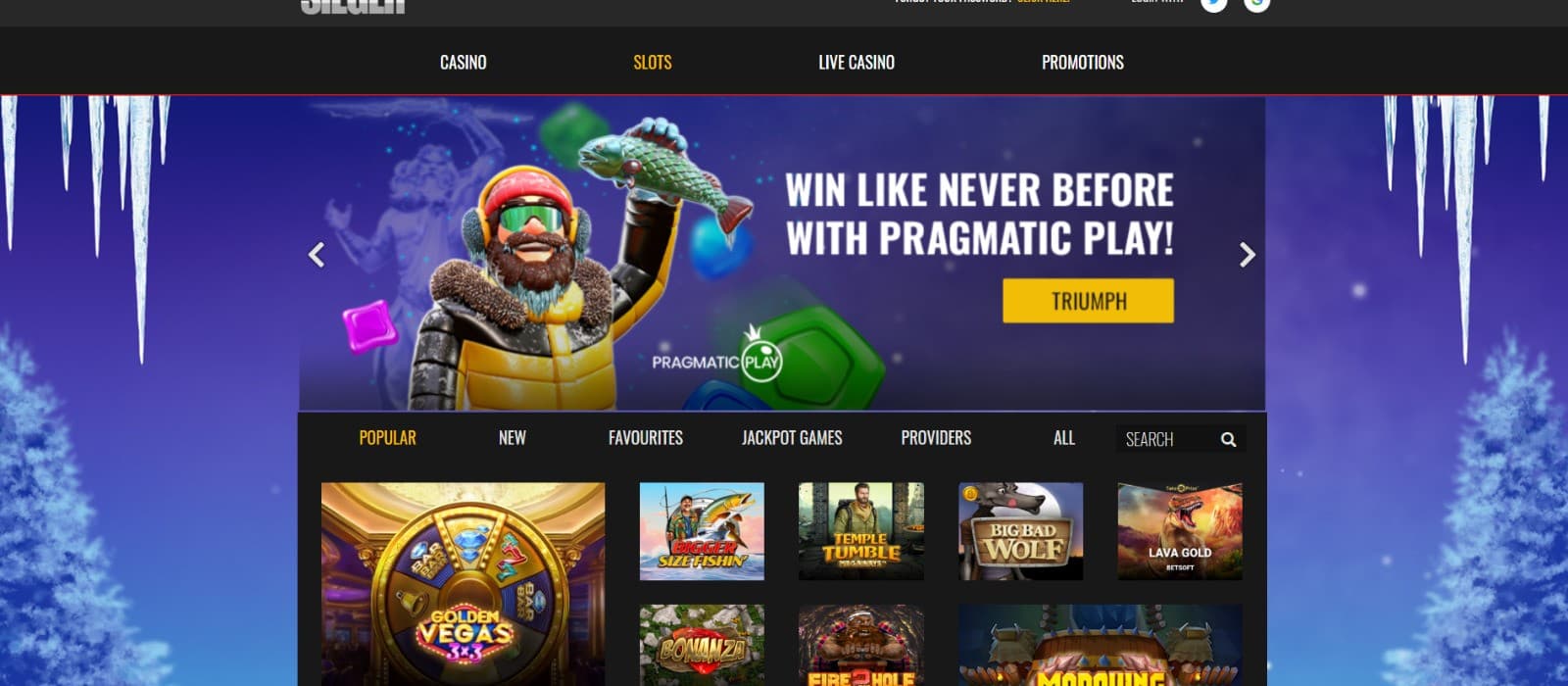 The games page of Sieger Casino showcases slot titles, such as Bigger Size Fishin, Temple Tumble, and more.