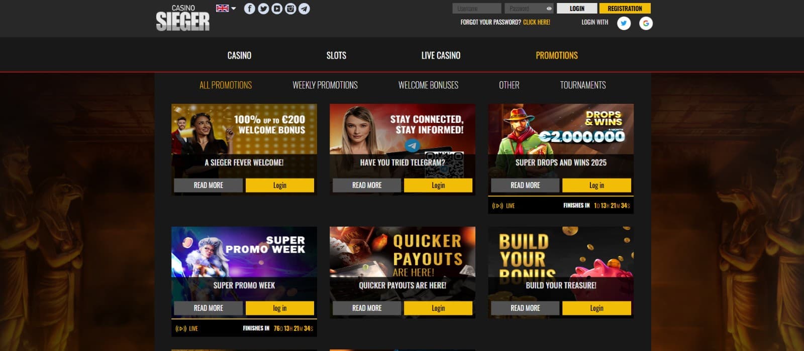 The promotions page of Sieger Casino displays casino bonuses, such as the welcome bonus,drop & wins, and more.