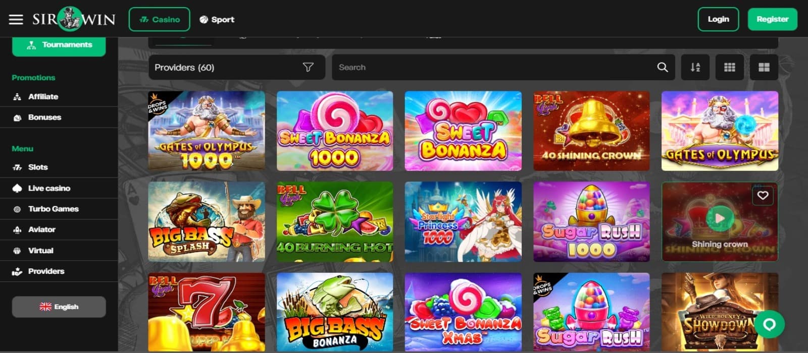 SirWin Casino games page with the slot game icons and left navgation panel