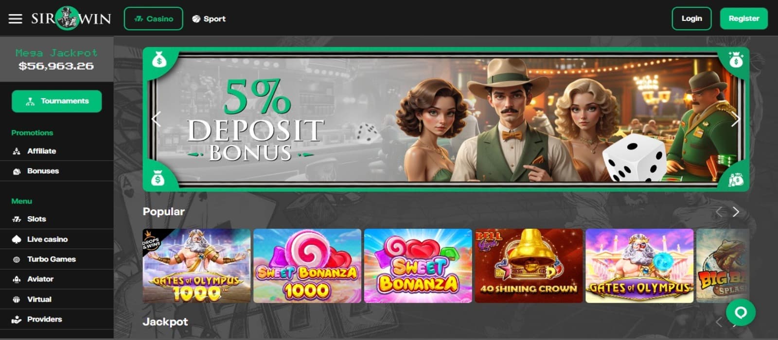 SirWin Casino landing page with the deposit bonus offer banner, slot game icons and left navigation menus