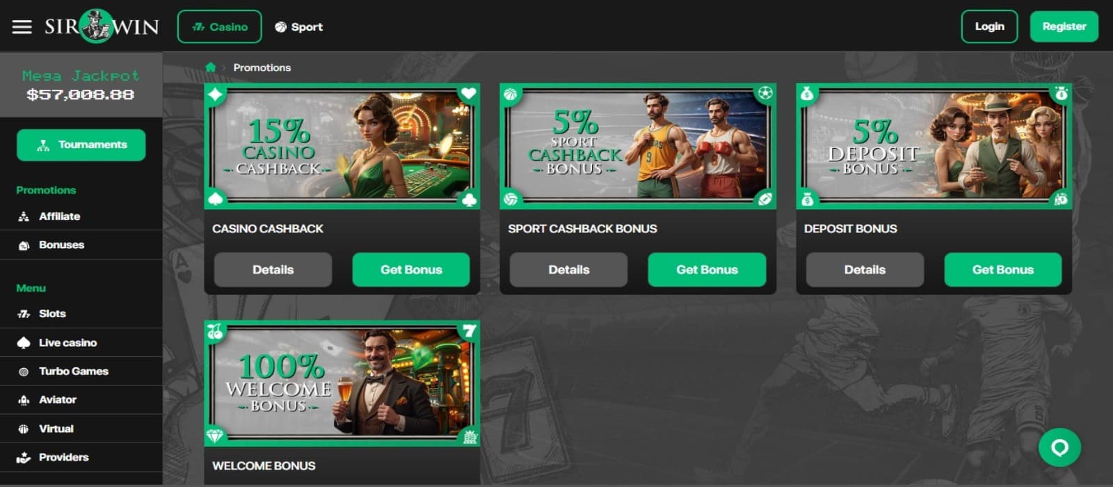 SirWin Casino promotions page with the bonus offer banners and left navigational panel