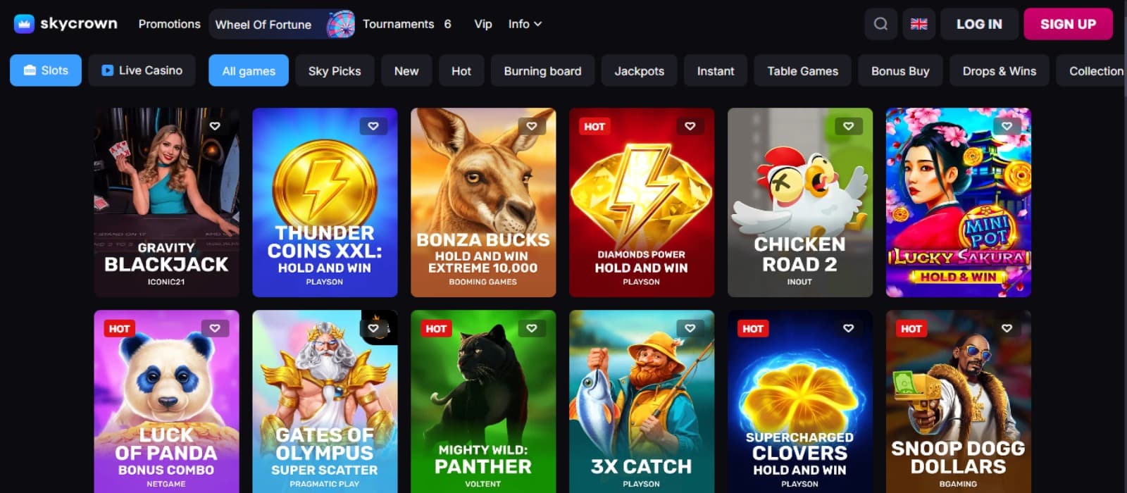 SkyCrown Casino games page with the colorful slot game icons, game categories above and top casino navigation menus