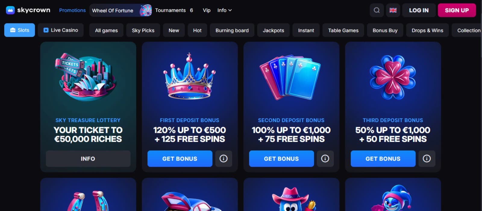 SkyCrown Casino  promotions page with the various bonus offer banners and top navigation menus of the casino