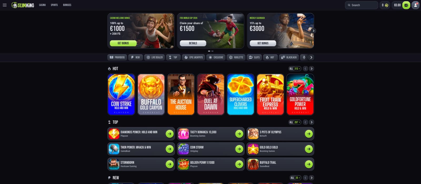 Slim King Casino games page displaying featured slot games, provider categories and popular casino titles.