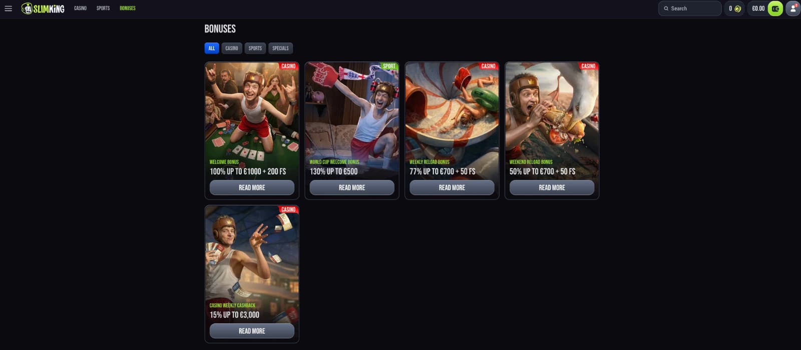 Slim King Casino promotions page displaying the welcome bonus, World Cup bonus, reload bonuses and weekly cashback offers.