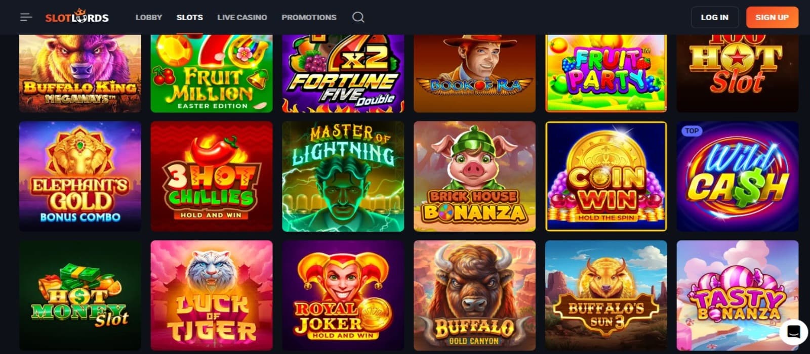 SlotLords Casino games page with the colorful slot game icons and gate categories above