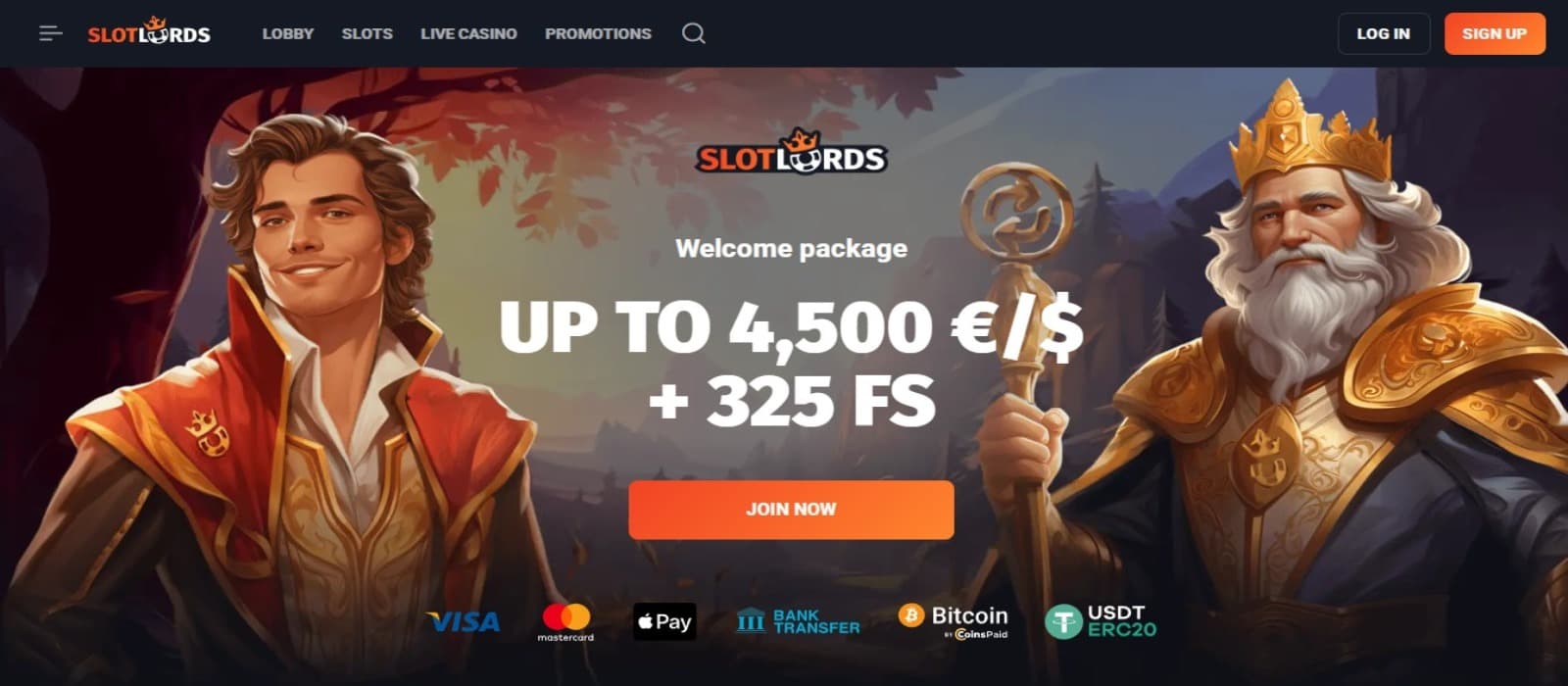 SlotLords Casino landing page with the welcome bonus offer banner and top navigation menus