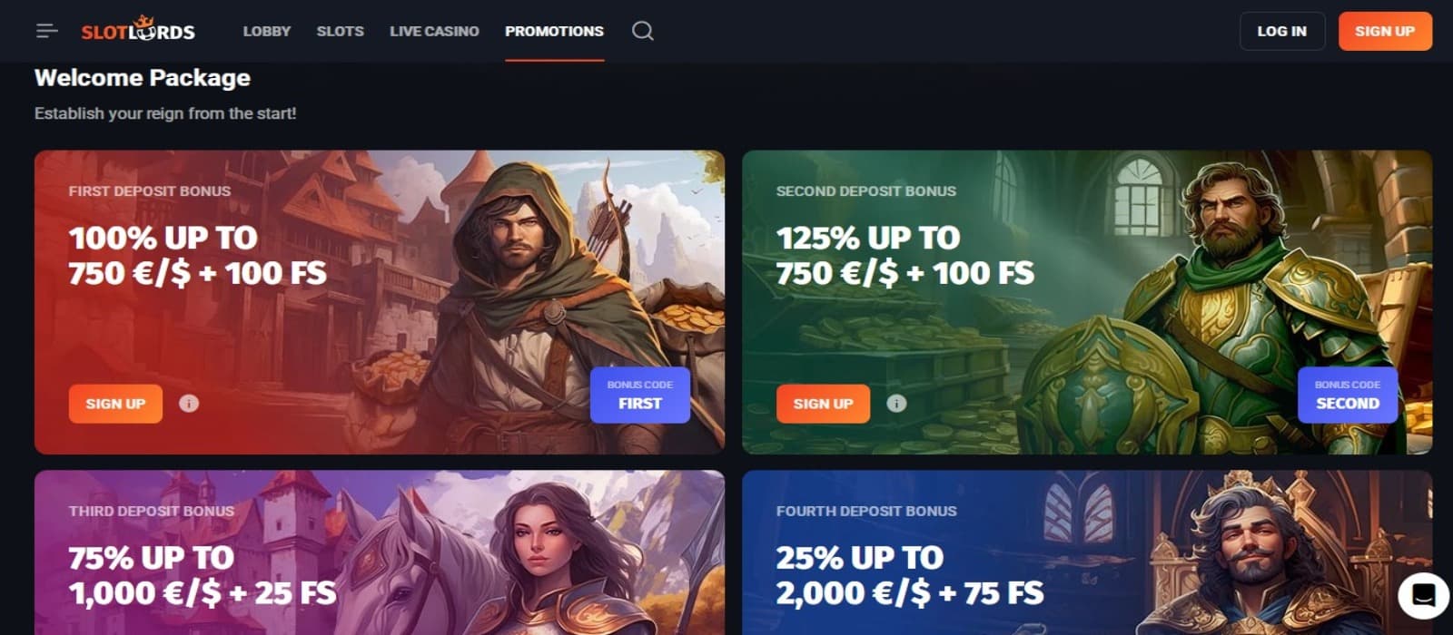 SlotLords Casino promotions page with the welcome bonus banners and top navigation menus