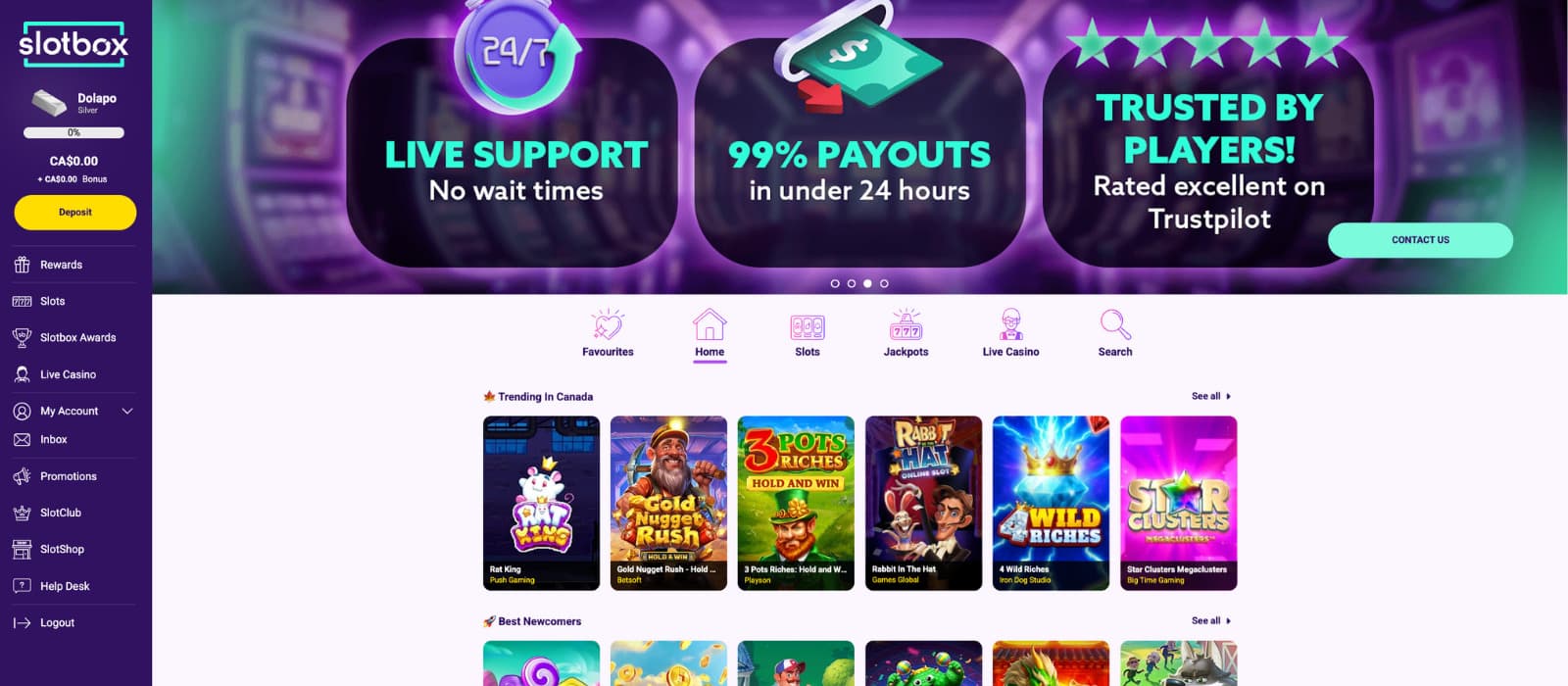 Slotbox Casino homepage showing live support availability, fast payout claims, Trustpilot rating, and a curated list of trending slot games with quick-access navigation for slots, jackpots, and live casino.
