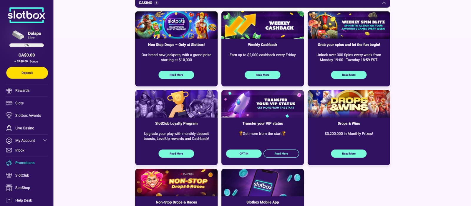 Slotbox Casino promotions page highlighting weekly cashback offers, spin blitz events, jackpot drops, VIP status transfer, and SlotClub loyalty rewards, all displayed in a card-based layout with clear opt-in buttons.