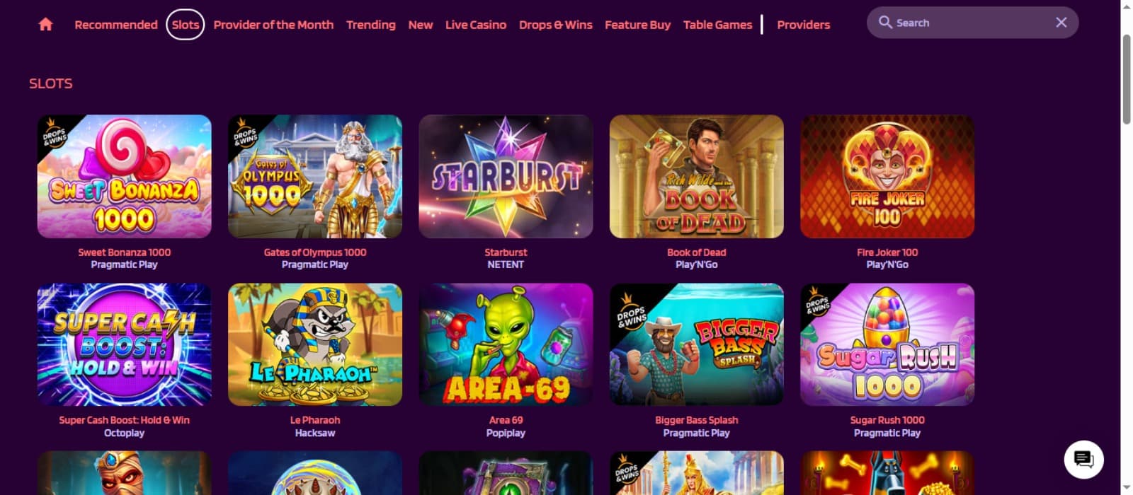 Slotparadise Casino games page with the colorful slot game icons, game category menus at the top and search bar
