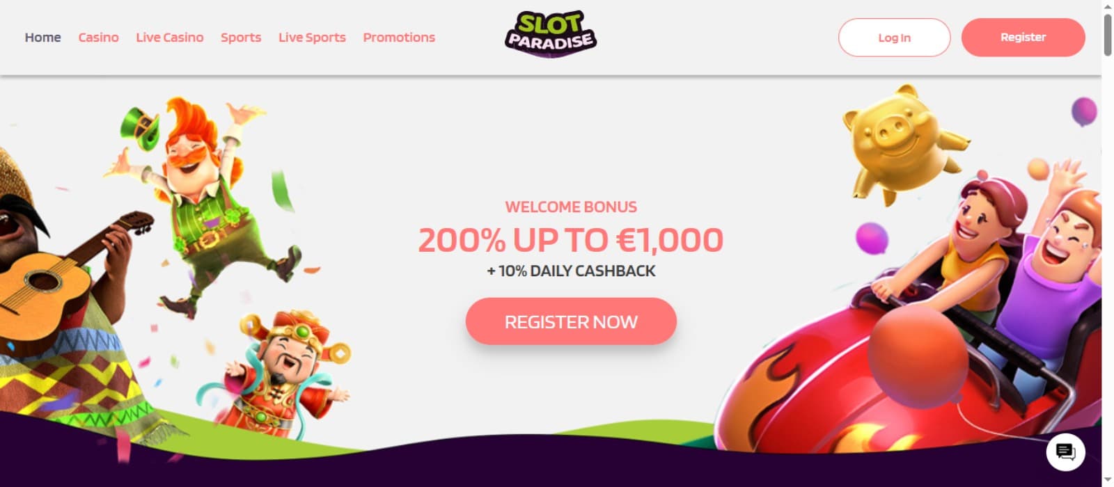 Slotparadise Casino landing page with the welcome bonus offer banner showing cartoon characters, top navigation menus and sign up option at the casino
