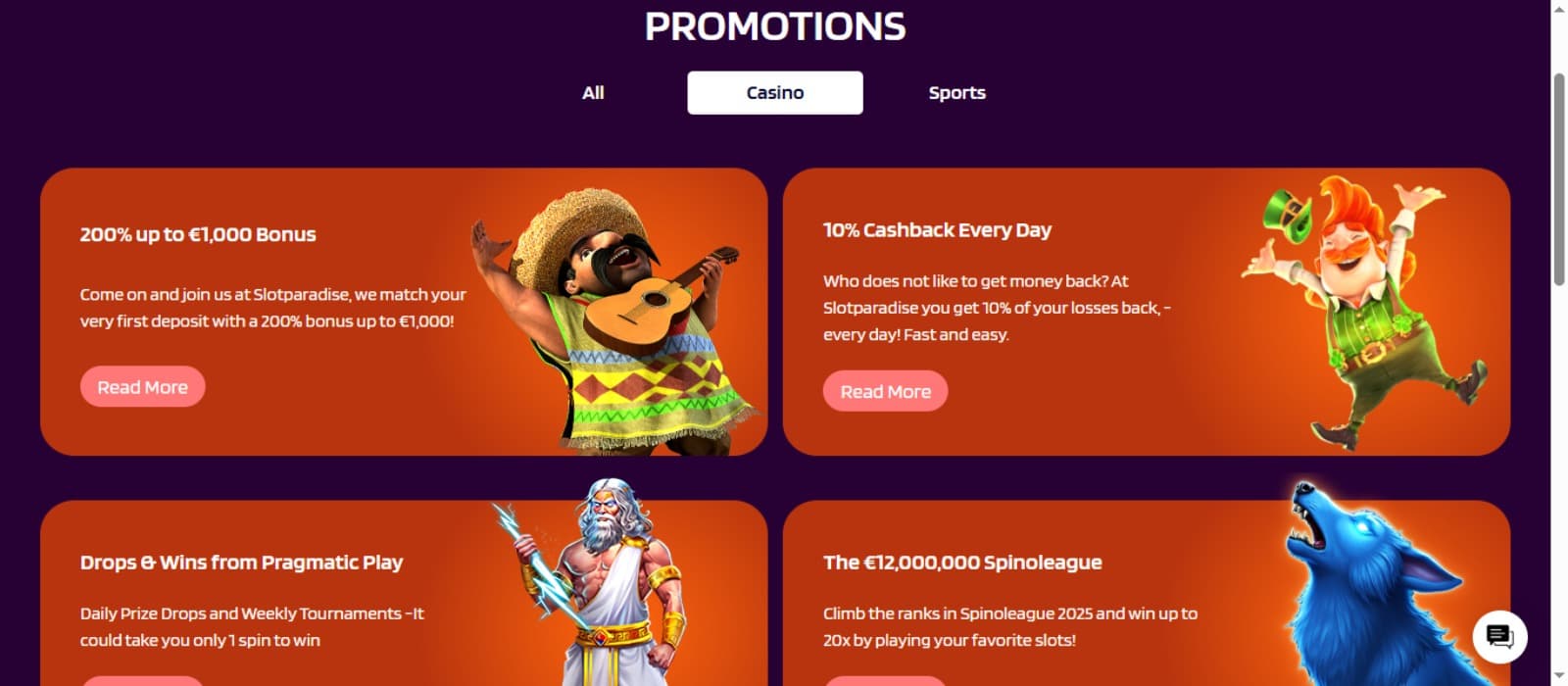 Slotparadise Casino promotions page with the welcome bonus and other bonus offer banners and sports bonus section menu
