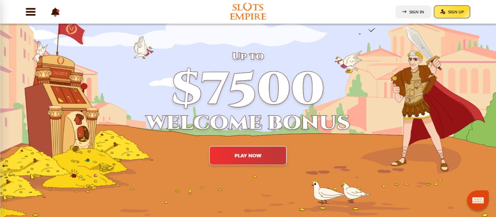 SlotsEmpire Casino landing page with the welcome bonus offer banner and top navigational menus