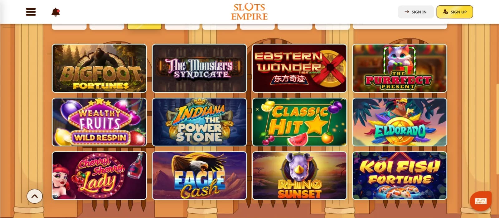 SlotsEmpire Casino games page the various slot game icons and casino logo on top
