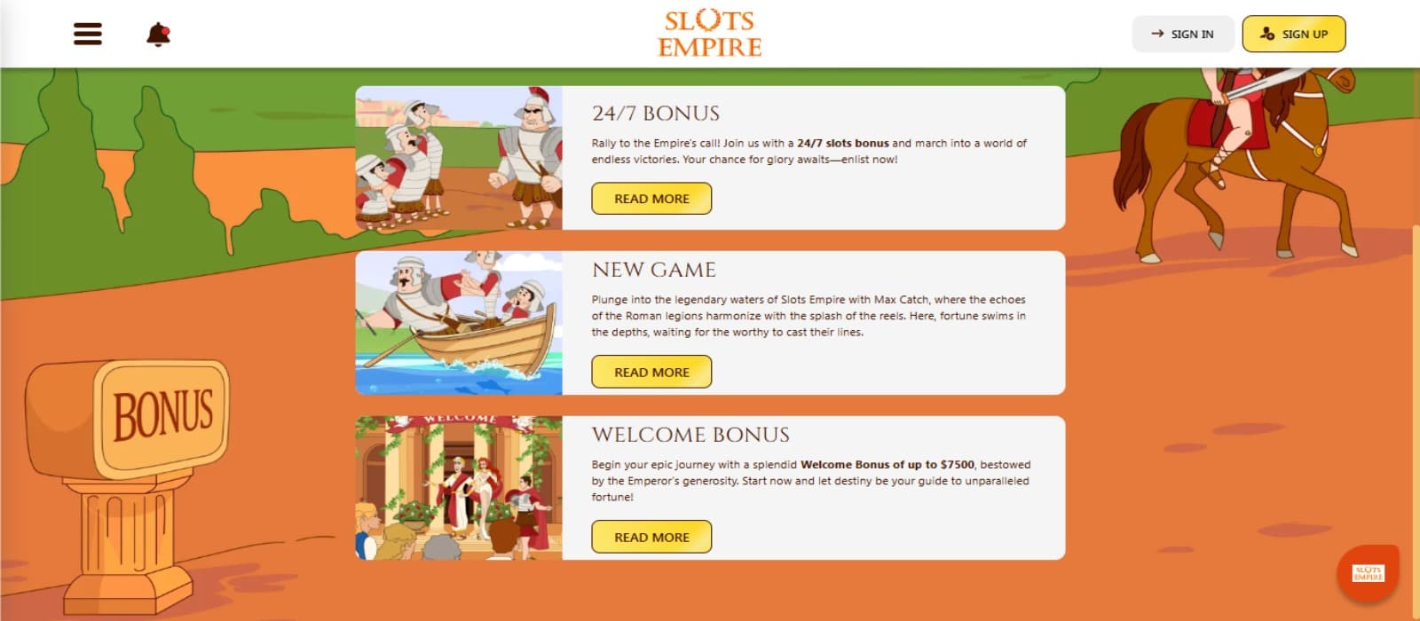 SlotsEmpire Casino promotions page with the various bonus offer banners and royal palace background