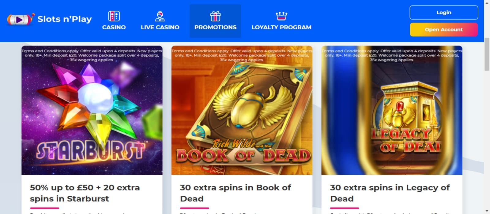 SlotsnPlay Casino promotions page with the various welcome bonus offer banners featuring slot game icons and top navigation menus