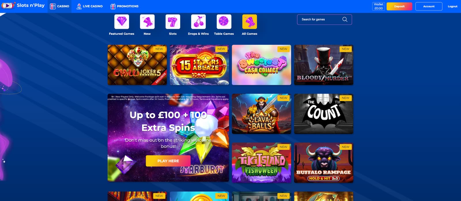 SlotsnPlay Casino games page showing featured slots like Chilli Joker 5 and Starburst