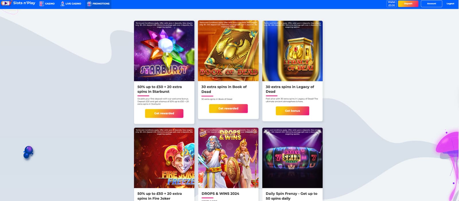 SlotsnPlay Casino promotions page featuring bonus offers like Starburst spins and Drops & Wins