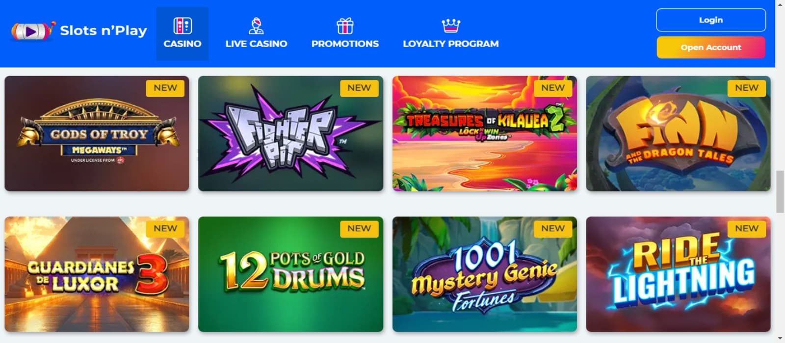 SlotsnPlay Casino games page with colorful slot game icons, and casino navigation menus at top