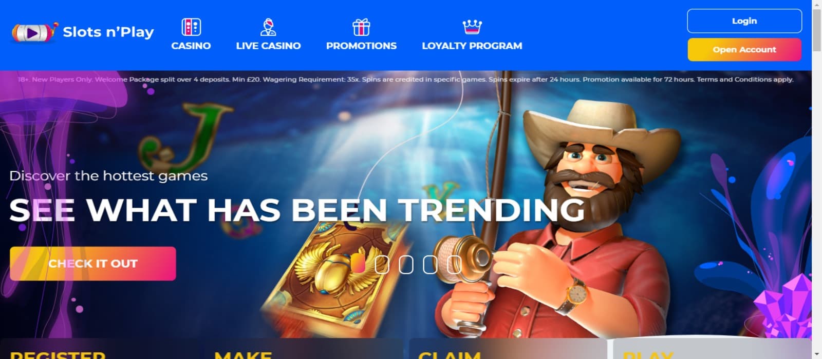 SlotsnPlay Casino landing page with the promotional banner featuring an aminated male with a fish hook and wearing hat and top navigation menus