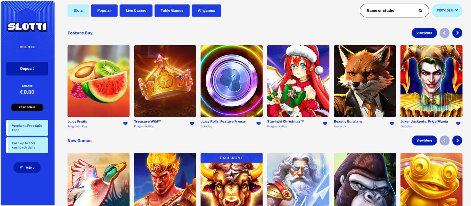 The games page of Slotti Casino displays a wide variety of casino games, such as Juicy Fruits, Treasure Wild , and more.
