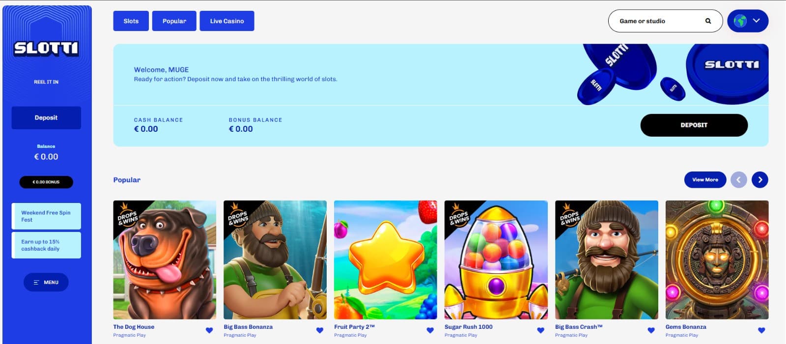 The landing page of Slotti Casino showcases the most popular casino games.