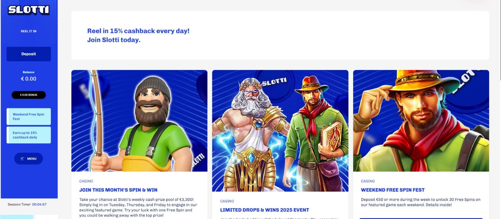 The promotions page of Slotti Casino presents a range of casino bonuses, such as Spin & Win, Weekend Free Spin, and more. 